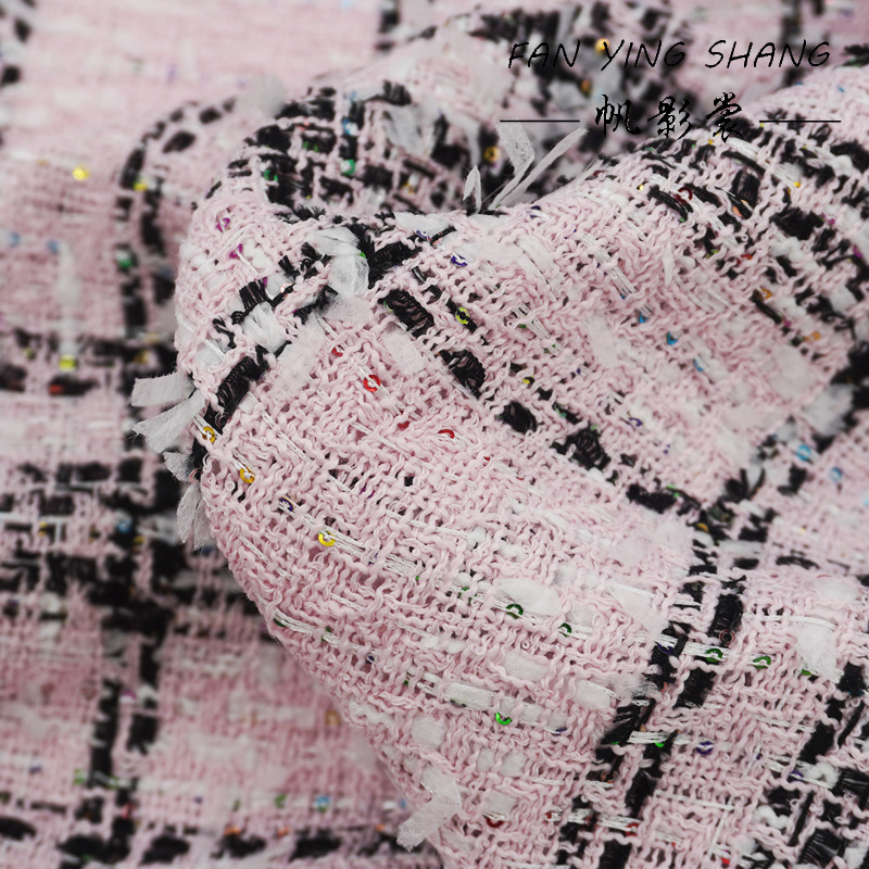 Sewing Tweed - Pembe Klasik Büyük Ekose Renkli Payetli
