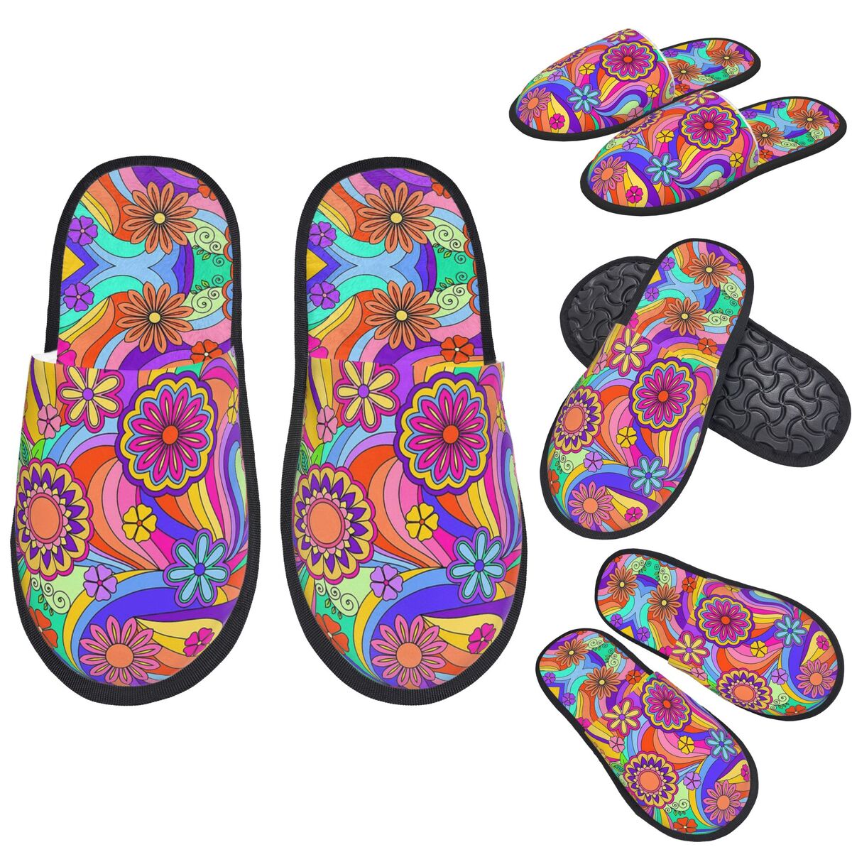 Sewing Custom - Özel Groovy Psychedelic Çiçek Desenli Terlikler