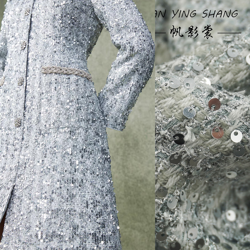 Sewing Tweed - Gümüş Gri Simli Pul Payetli Tüvit